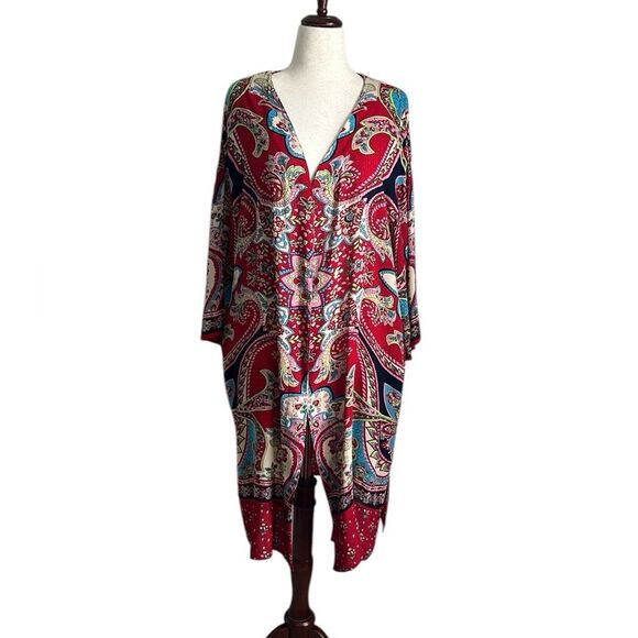 Altar’d State Red Paisley Print Open Front Long Kimono Cardigan Size S - Picture 1 of 9